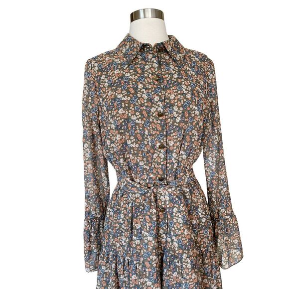 MIKAEL AGHAL Floral Shirt Dress Button Down Midi Crepe Chiffon Belt Tiered 6 NWT - Picture 10 of 12